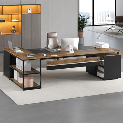 78" Executive Desk with Lockable File Cabinet, L Shaped Office Desk with Power Outlets, Large Executive Desk with Drawers and Storage Shelves, Reversible Computer Desk, Rustic Brown