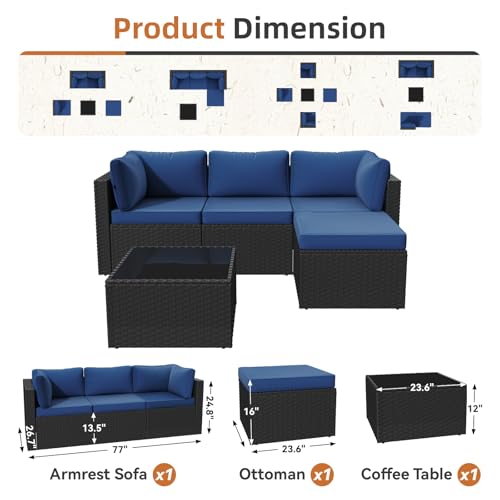 Patio Furniture Set 5-Piece, Outdoor Sectional Sofas with Washable Cushion, Wicker Rattan Patio Conversation Sets for Backyard Porch and Poolside, Navy
