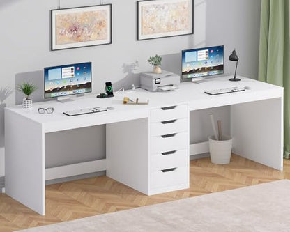 2 Person Desk with 5 Drawers and Power Outlets, 78.7 Inch Long Computer Desk with Storage File Cabinet, Two Person Home Office Double Desk with Storage, White