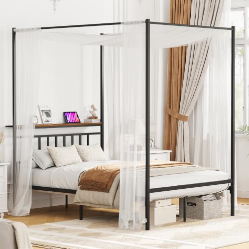 Full Canopy Bed Frame with Storage Headboard Minimalist Style 4 Posters Bed, view 2