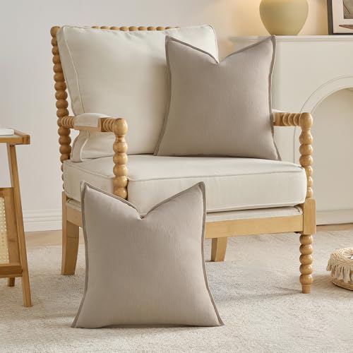 Pack of 2 Solid Chenille Throw Pillow Covers 24x24 Inch Soft Edge Decorative European Cushion Cases Farmhouse Accent for Couch Bed Living Room, Oatmeal