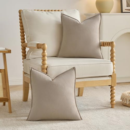 Pack of 2 Solid Chenille Throw Pillow Covers 24x24 Inch Soft Edge Decorative European Cushion Cases Farmhouse Accent for Couch Bed Living Room, Oatmeal