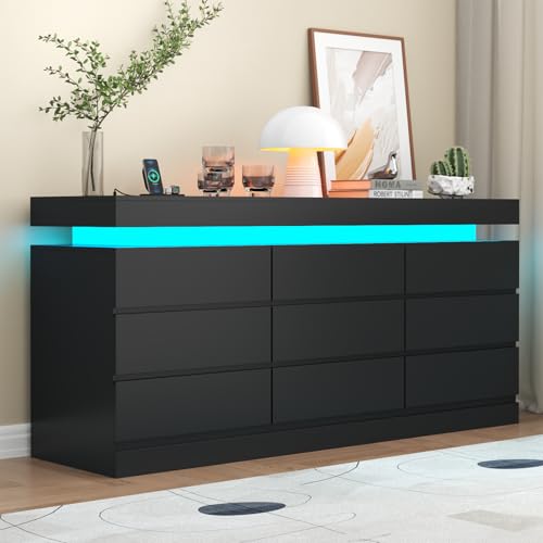9 Drawer Dresser with Power Outlet, Modern Dresser with LED Light, view 2