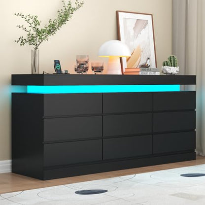 9 Drawer Dresser with Power Outlet, Modern Dresser with LED Light, view 2