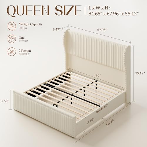 Queen Size Bed Frame with 55" Headboard Nailhead Trim Design, White, view 3