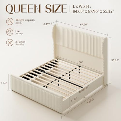 Queen Size Bed Frame with 55" Headboard Nailhead Trim Design, White, view 3