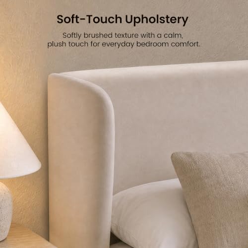 Queen Upholstered Bed Frame, 47" Tall Wingback Headboard, Beige, view 6