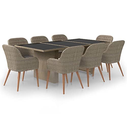 9 Piece Poly Rattan Garden Dining Set with 1 Rectangular Table and 8 Cushioned Chairs, Brown PE Wicker Patio Furniture Set for Outdoor Dinning Backyard and Porch