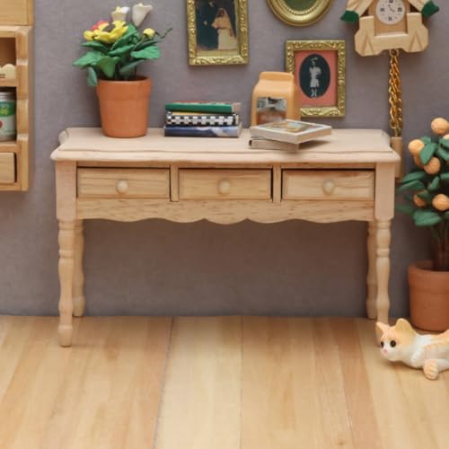 Miniature Desk Table Dollhouse Accessories Wood Furniture with Drawers Handcrafted Detailing Classic Look Suitable for Home Decoration Mini World Play 11.8cmx4.7cmx7.1cm