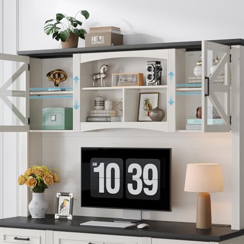 72" H Farmhouse Executive Desk with Hutch, Office Desk, Computer Desks with Charging Station, Computer Workstations with 5 Drawers and Storage Cabinet for Home, Office, Off White & Black