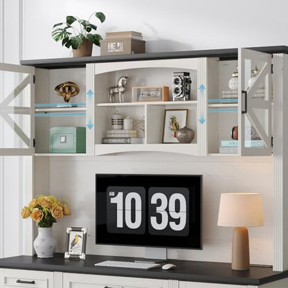 72" H Farmhouse Executive Desk with Hutch, Office Desk, Computer Desks with Charging Station, Computer Workstations with 5 Drawers and Storage Cabinet for Home, Office, Off White & Black