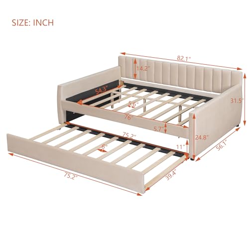 Full Size Daybed with Trundle, Upholstered Day Bed Frame Velvet Sofa Beds with Vertical Channel Tufted Headboard for Living Room, Bedroom, Beige