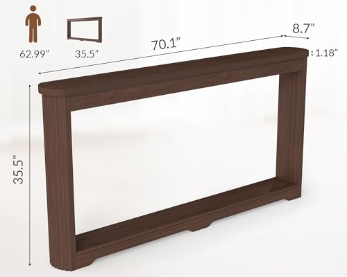 Modern 70 Inch Entryway Table Narrow - Behind Sofa Table Narrow, 8 Inch Deep Console Table Behind Couch with Open Storage, Walnut Entryway Table for Hallway, Foyer, Living Room