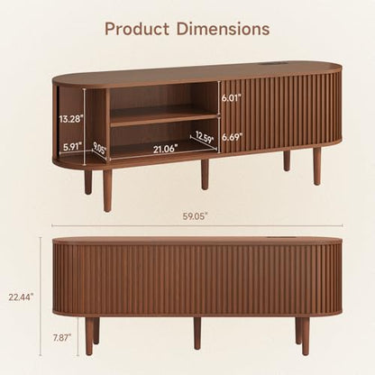 59" TV Stand with Power Outlet, Entertainment Center w/ Wood Leg Walnut, view 3