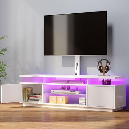 TV Stand with Mount and Power Outlet 59.1", Swivel TV Stand Mount for 32/45/55/60/65/70 inch TVs, Height Adjustable Modern Entertainment Center with Storage & LED Lights, TV Table White