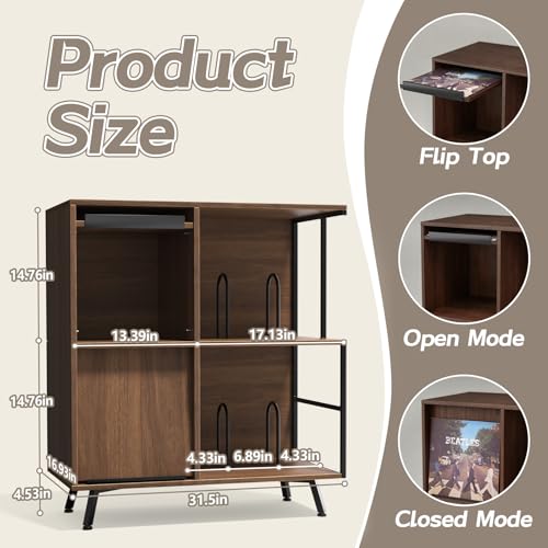 3 Tier Record Player Stand with Flip-Down Record Shelf, Walnut, view 4