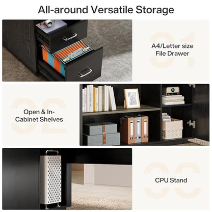 Tribesigns 85.8-Inch L-Shaped Executive Office Desk with File Drawers & Storage Cabinet, Professional Corner Computer Desk Extra Large Business Workstation with Adjustable Shelves (Gray&Black)