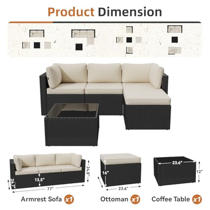 Patio Furniture Set 5-Piece, Outdoor Sectional Sofas with Washable Cushion, Wicker Rattan Patio Conversation Sets for Backyard Porch and Poolside