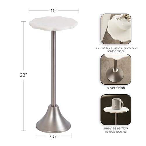 Sanzo Modern Pedestal Drink Table; 10 x 10 x 23; White Marble and Silver; Decorative End Table with Scalloped Marble Tabletop for Use as Small Plant Stand or Cute Martini Table