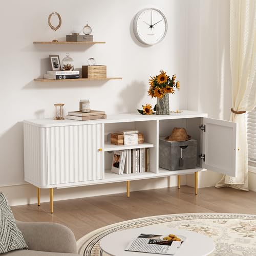 55” Fluted TV Stand, Mid Century Modern White TV Stand for 55/60/65 inch TV, Entertainment Center with Storage, Television Stands, TV Console, Media Console for Living Room, Bedroom