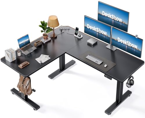 L-Shaped Standing Desk - 63 x 55 Inch Adjustable Corner Standing Desk with Charging Station - L Shape Sit Stand Table with Memory Controller, Splice Board for Home Office