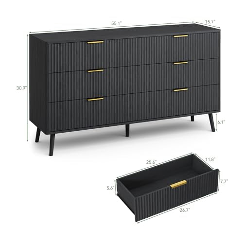 Fluted Dresser and Nightstand Sets 3 Piece, 6-Drawers Dresser and 1-Drawer Nightstands Set of 2, Wood Bedroom Furniture Set for Home, Bedroom, Hallway, Black