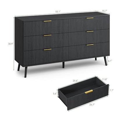 Fluted Dresser and Nightstand Sets 3 Piece, 6-Drawers Dresser and 1-Drawer Nightstands Set of 2, Wood Bedroom Furniture Set for Home, Bedroom, Hallway, Black