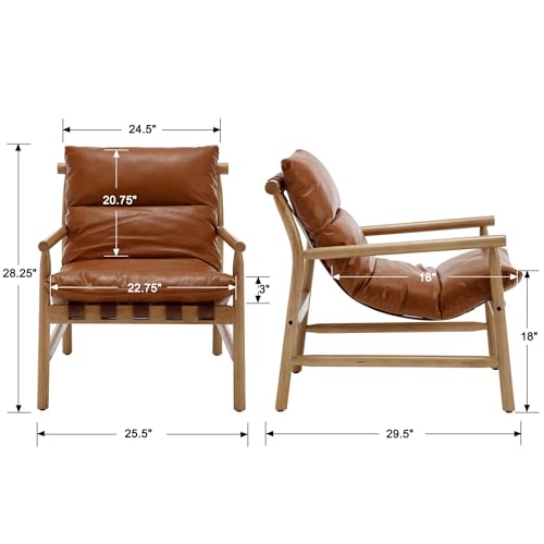 Faux Leather Accent Chair Mid Century Modern Living Room Chairs Comfy Arm Chair with Solid Wood Frame Upholstered Lounge Reading Chair Cozy Recliner for Guest Room/Bedroom, Brown, 7533AC