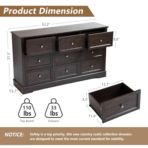 Farmhouse Dresser 9 Drawer, Bedroom Chest of Drawers, Dressers with 9 Drawers, view 3