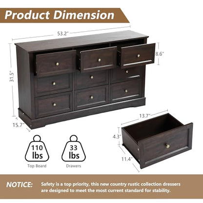 Farmhouse Dresser 9 Drawer, Bedroom Chest of Drawers, Dressers with 9 Drawers, view 3