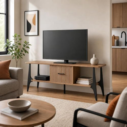 Modern TV Stand, Fluted Media Console with Storage, Open Shelves, Oak, view 3