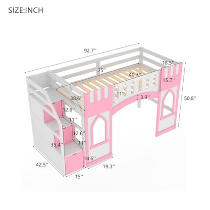 Twin Low Loft Bed with Staircase, Wood Princess Girls Bed Frame with Storage for Boys, Girls, Gray,Pink