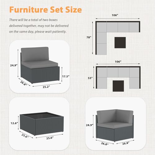 7 Piece Outdoor Patio Furniture Set, Outdoor Sectional Conversation Furniture Chair with Coffee Table,Patio Sectional for Garden,Backyard(Grey Cushions and Black PE Rattan)