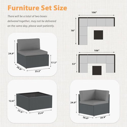 7 Piece Outdoor Patio Furniture Set, Outdoor Sectional Conversation Furniture Chair with Coffee Table,Patio Sectional for Garden,Backyard(Grey Cushions and Black PE Rattan)