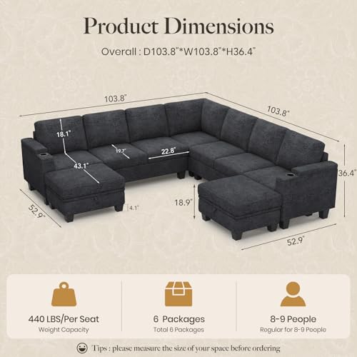 Modular Sectional Sofa Couch with Storage U Shape Convertible Corner Couches for Living Room Dark Grey Couch