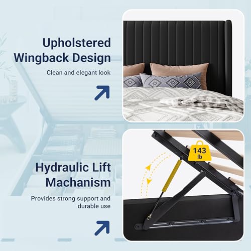 King Size Lift Up Storage Bed Frame Channel Tufted Headboard Black, view 7