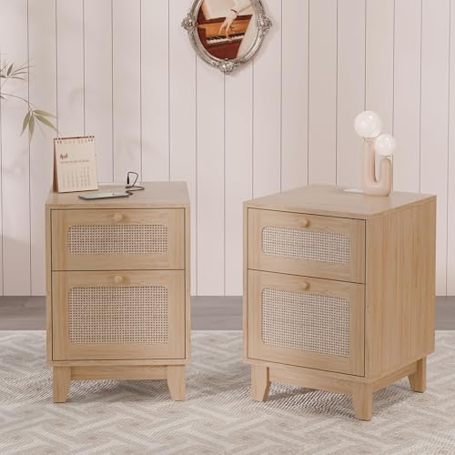 Boho rattan nightstands with charging station, set of 2, view 2