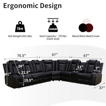 Power Recliner Sofa Sectional Couch for Living Room Furniture Set,Leather Reclining Corner Sectional Couch with 3 Recliner Seats,Cup Holder,Storage,LED Light for House/Home Theater, Black