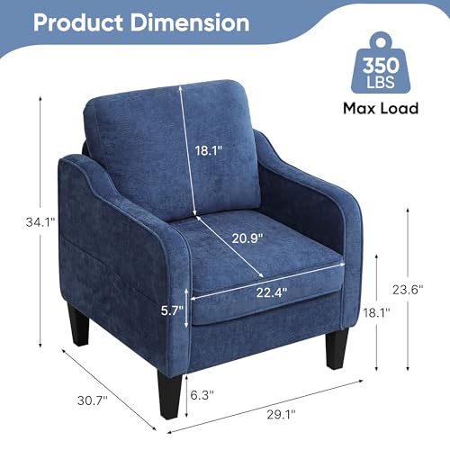 Accent Chair for Living Room, Mid Century Modern Reading Chair for Bedroom, Upholstered Armchair with Side Pockets, Comfy Single Sofa Side Chair for Office, Apartment, Small Room, Blue