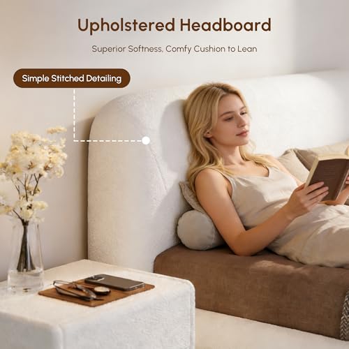 White Boucle King Size Platform Bed with Headboard, view 7