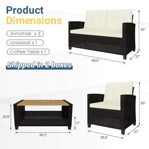 4 Piece Patio Furniture Set, Wicker Outdoor Patio Conversation Furniture Set, All Weather Outdoor Patio Sofa with Cushion and Wood Table, Beige Wood