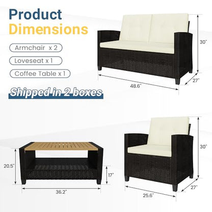 4 Piece Patio Furniture Set, Wicker Outdoor Patio Conversation Furniture Set, All Weather Outdoor Patio Sofa with Cushion and Wood Table, Beige Wood