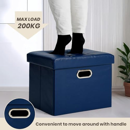 Storage Ottoman 17x13x13in Leather Ottoman Rectangle Footrest Footstool Folding Ottoman for Room Dorm Small Collapsible Bench Seat Organizer Entryway Furniture with Handles Lid Royal Blue