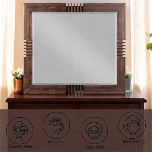 Rectangular Beveled Bedroom Mirror, 39" H x 44" W, Acacia Wood, Reclaimed Oak Finish, Transitional Style, Durable Vanity or Wall Mirror for Bedroom Decor