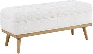 Mid-Century Modern Storage Bench, Ivory Sherpa Upholstery, Solid Wood Tapered Legs, 43.5W x 17D x 18.5H, Button Tufted, Soft-Close Hinged Top, Entryway, Living Room, or Bedroom