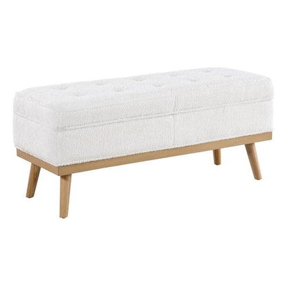 Mid-Century Modern Storage Bench, Ivory Sherpa Upholstery, Solid Wood Tapered Legs, 43.5W x 17D x 18.5H, Button Tufted, Soft-Close Hinged Top, Entryway, Living Room, or Bedroom