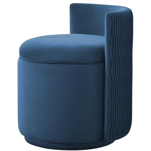 360° Swivel Velvet Vanity Chair with Storage, Barrel Makeup Chair with Wave Back, No Assembly Upholstered Vanity Small Accent Chairs for Living Room, Blue