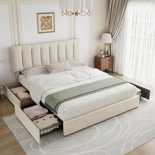 King Size Bed Frame with 4 Storage Drawers, Adjustable Height Headboard, view 4