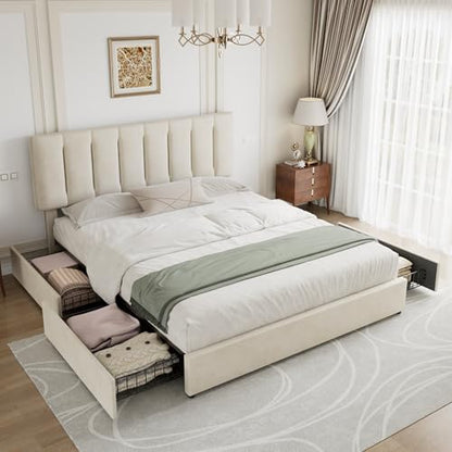 King Size Bed Frame with 4 Storage Drawers, Adjustable Height Headboard, view 4