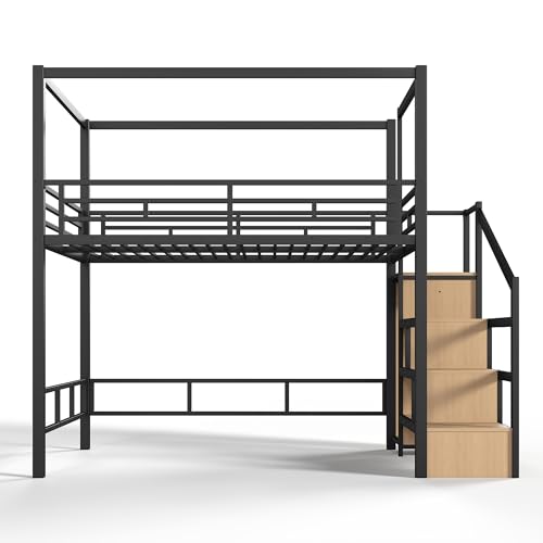 Queen loft Bed with Storage Stairs, Wardrobe, LED, Canopy Support Pole, view 6